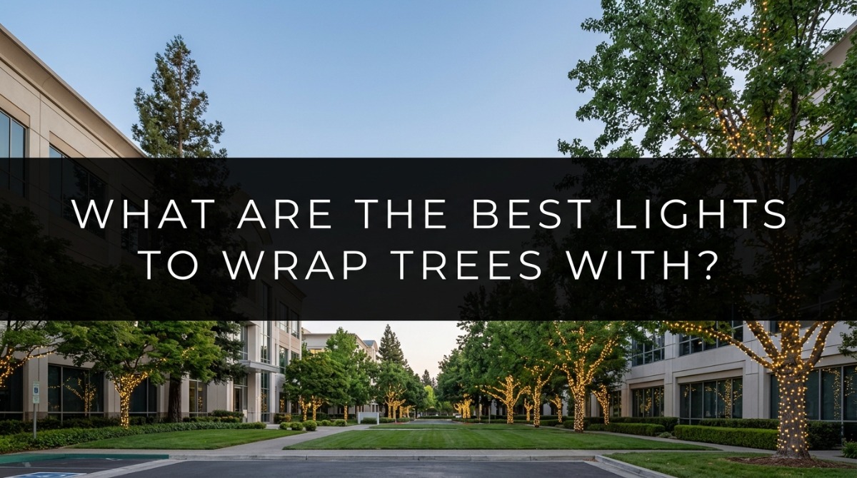 Commercial grade LED mini lights wrapped around a tree trunk and main branches