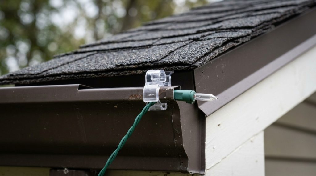 Drip edge clips securing Christmas lights without lifting roof shingles