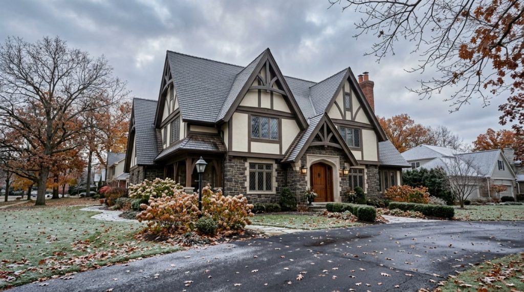 Professional Christmas light installation on a high roof in Howell Michigan