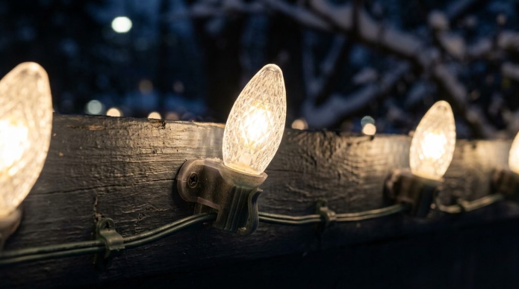 Warm white C9 Christmas lights outlining a two story brick house