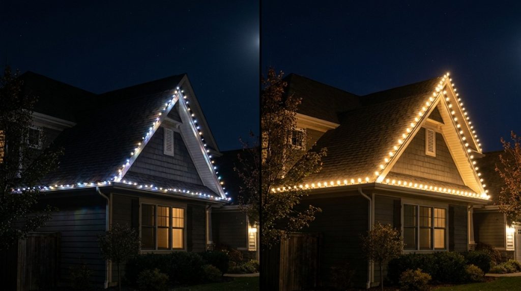 Commercial grade LED C9 Christmas lights installed along a residential roofline