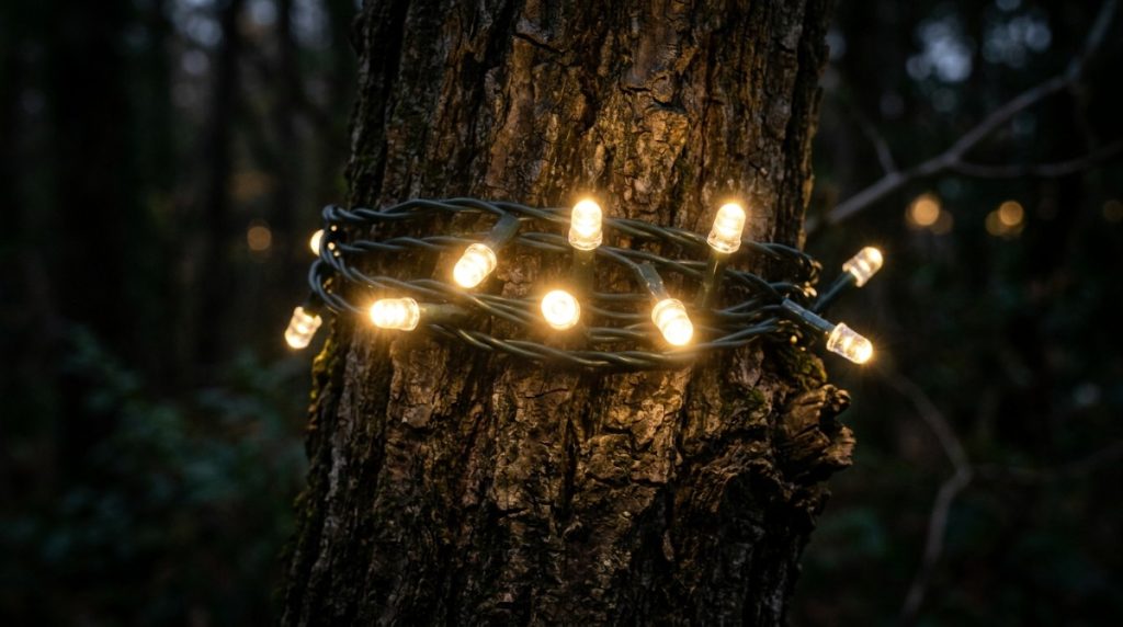 5mm LED mini lights creating an even glow on a wrapped tree trunk