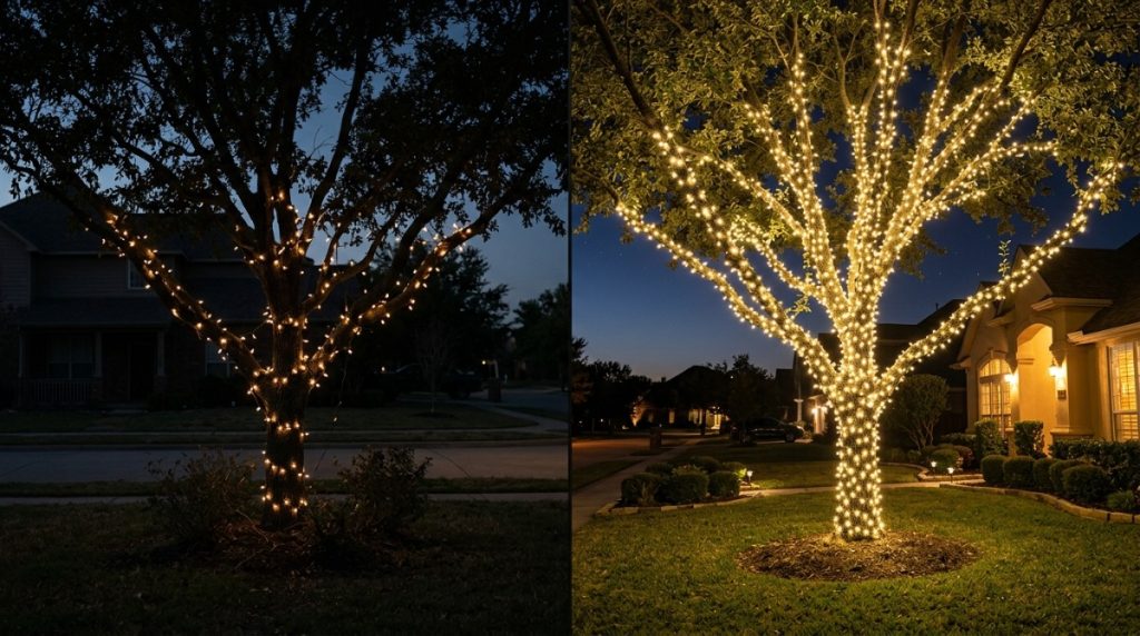 Warm white LED Christmas lights wrapped around a large outdoor tree