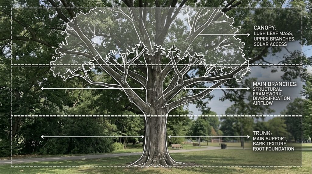 Commercial grade LED mini lights wrapped around the main branches of a large tree