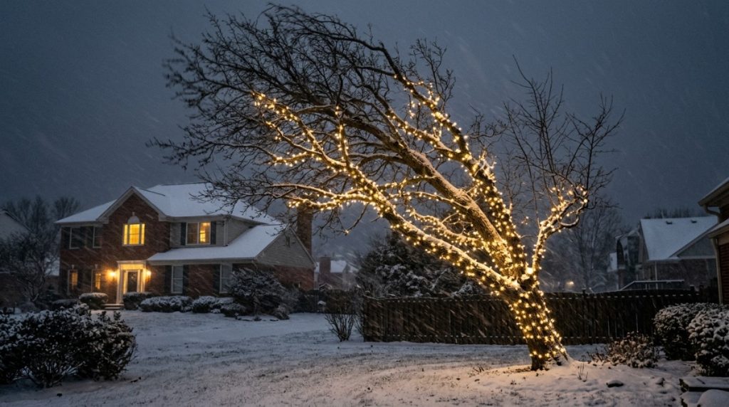 Commercial grade LED Christmas lights fastened to outdoor tree branches