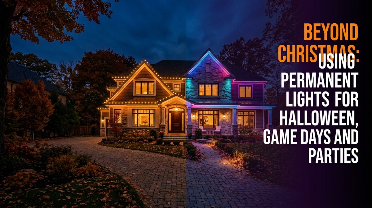 Permanent lights for Halloween, game days and parties on a Michigan home