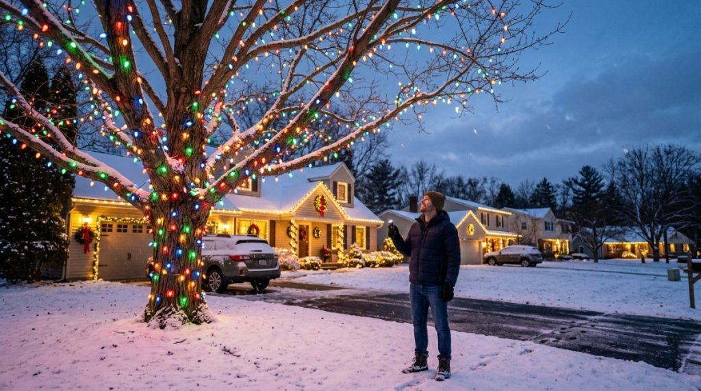 Large C9 Christmas bulbs decorating a tall outdoor tree in a front yard