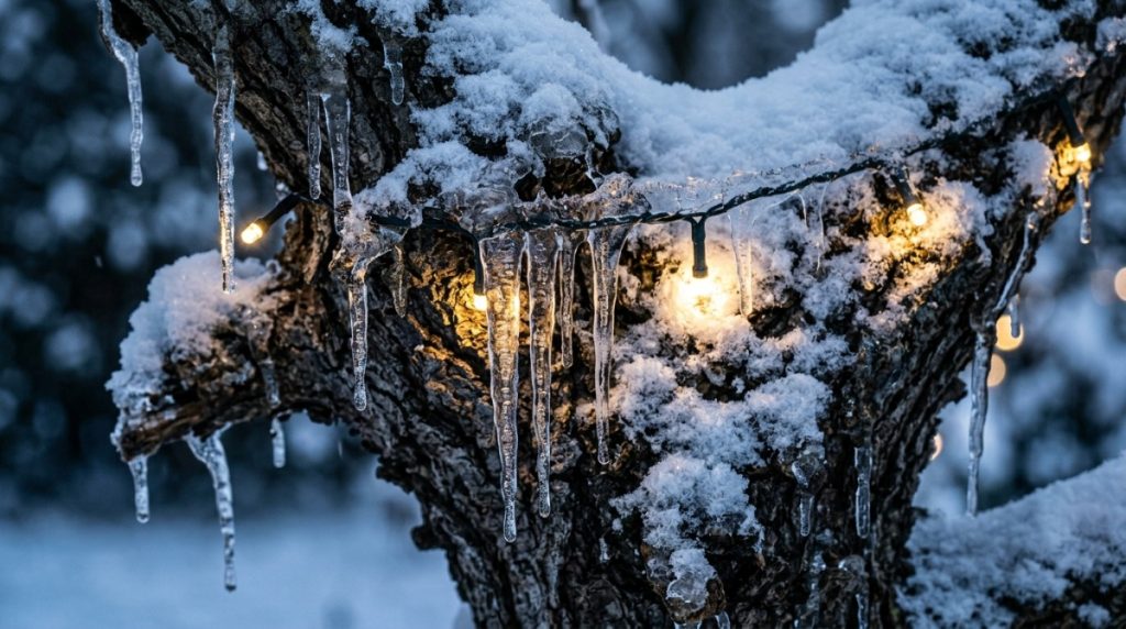Tree safe clips securing Christmas light strands to a branch without damaging bark