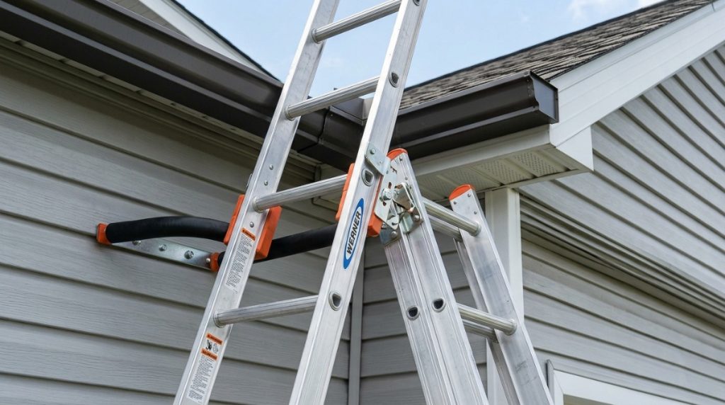 Christmas lights installed evenly along residential aluminum gutters