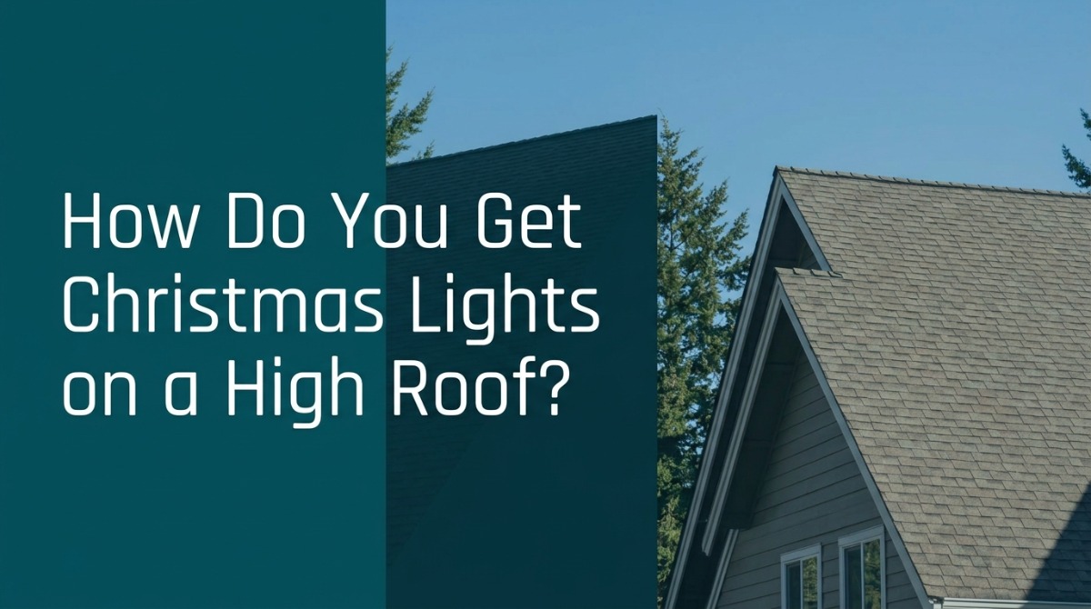 Christmas lights on a high roof of a two story house